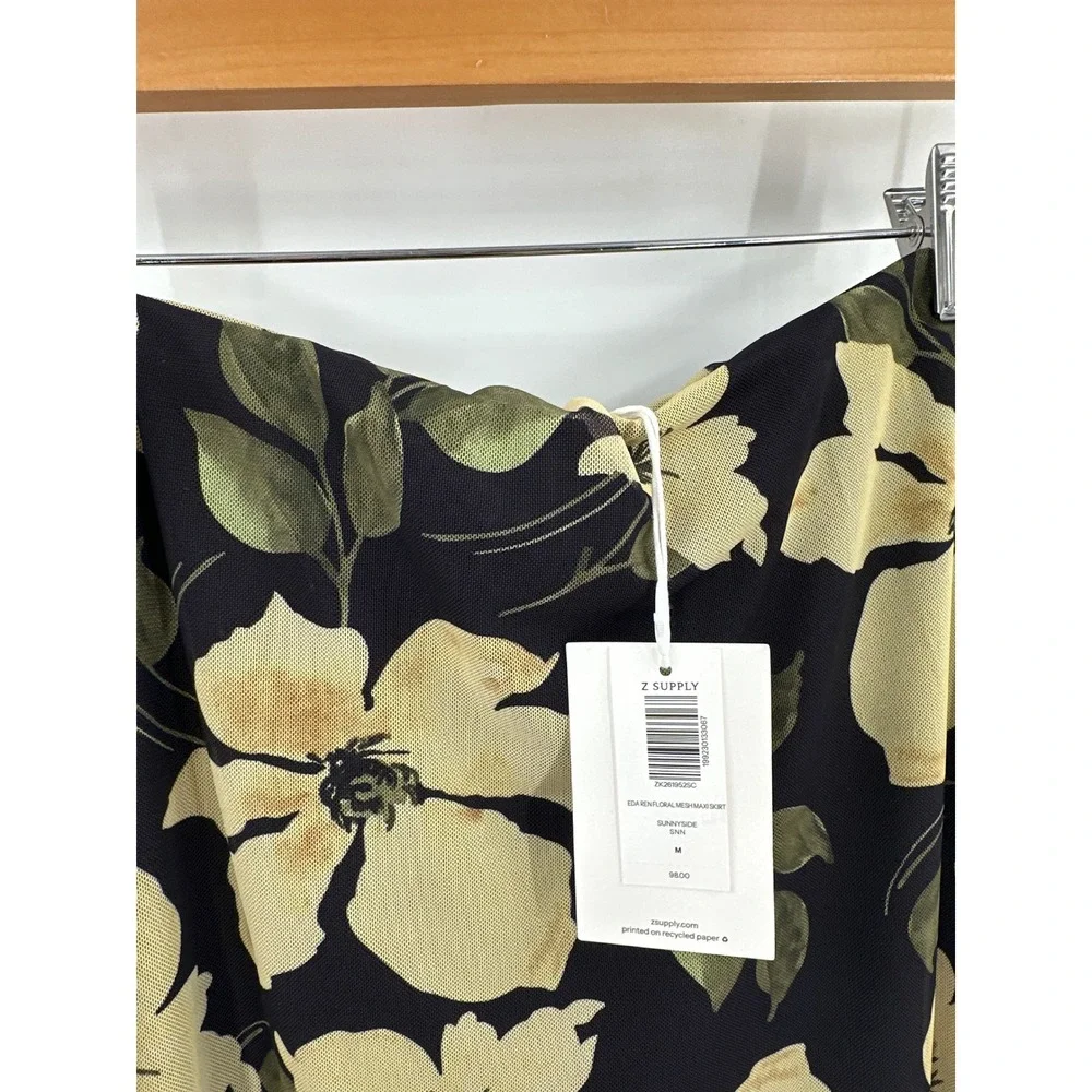 Evereve Z Supply Floral Mesh Two Piece Set Long Sleeve Maxi Skirt Black Yellow